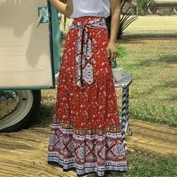 Ženska maxi haljina Boho tiskanje casual ruched ruffles elastični struk suknje plus veličina Bowknot