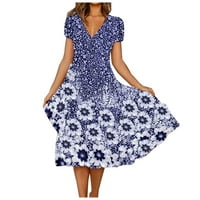 Haljina Moda New Benchmark Himeway Ženska modna ljetna Nova cvjetna print V-izrez Kratki rukav labava haljina Plava L