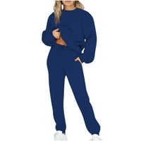WAVSUF Ženske setovi Dvodijelni komforni vrhovi i hlače Dugih rukava Crew Crw Crt Solid pulover Plavi