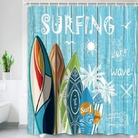 Zavjesa za tuširanje, ljeto surfanje tropskim pločama za surfanje na teal plavoj rustičnoj drvenoj ploči