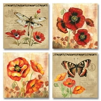 Crveni i smeđi leptir Dragonfly i makova odrasli cvjetni dekor; - 12 12 neupadljivi posteri