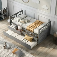 Kumji Twin Platform krevet za djecu, dnevna kreveta i trošenje, ostavi dnevni kauč na razvlačenje s tropojačem, drveni dnevni boravak za dnevnu sobu spavaća soba, sivi tinejdžeri za djecu