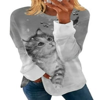 Niveer Women T-Majica Crew Crt majica Dugi rukav Tee Casual Tunika Bluza CAT Print Pulover svijetlo