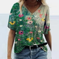 Plus size Ljetni vrhovi za žene Trendi grafički cvjetni ispisani V izrez majica Labavi fit kratki rukav