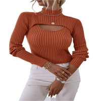 Ženski izrez dugih rukava Pleteni rebrani pulover džemper Jumper vrhovi