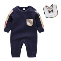 Baby s dugim rukavima Romper Ležerne prilike za dječje rešetke za dojenčad Outfit + Bibs tamno plava