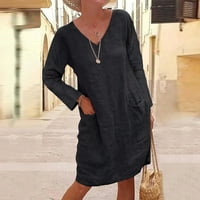 Ženska ljetna casual pune boje dugih rukava V-izrez za šivanje labavog džepa pamučna haljina