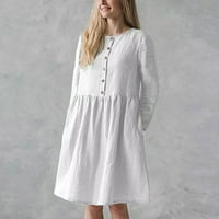 Klupske haljine za žensko dugme za okrugli vrat dugih rukava pamučna posteljina dress dress dress puna