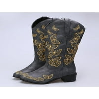 Žene Ležerne vezene zapadne kaubojske čizme Moda Vintage Walk Chunky Heel Mid Wide Calf Boot Siva 5