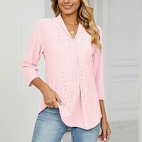 Ženske pune boje reverske košulje Ljeto dugih rukava Bluze za bušenje V izrez Dressy Casual Tops Pink