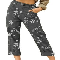 Kapreze Žene Visoke struk posteljine Capri hlače Ljetne cvjetne olabave pantalone Confy ravne obrezive hlače Radne hlače pantalone za slobodno vrijeme