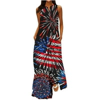 Dyegold sarderes za žensku ležerna plaža - Maxi Thirt haljina za žene V-izrez zvijezde rukavice patriotsko
