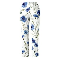 CETHRIO ženske hlače sa džepovima tiskane ravne noge pamučne posteljine plave hlače veličine xl