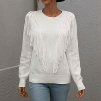 Hinvhai ženske modne duge rukave Tassel Crew izrez labavi čvrsti boje bluza pleteni džemper na sezonskom
