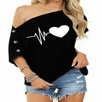 Pfysire Ženski print srčanim majicama kratki rukav s ramena bluza top crna 3xl