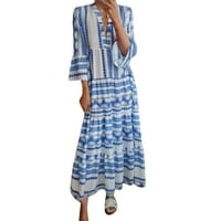 Jesen MIDI haljine za plus veličinu Žene ispisane dubokog V izrez dugih rukava maxi maxi haljina Boho haljina svijetlo plava m