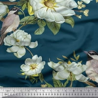 Siamoi Green Satin svilena tkanina od listova, bijeli cvjetni i ptičji tkanini otisci sa dvorištem širom