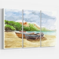 Dizajnerski umjetnički akvarel ribolovni brodovi - grafička umjetnost na zamotanom platnu postavljenu
