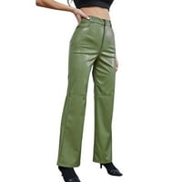 Žene Fau kožni džepovi Visoki struk ravne hlače za široke noge Hlače Vintage Hlače