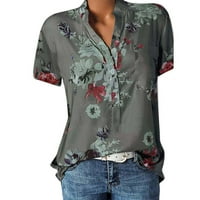Zapadne košulje za žene V izrez cvjetni Henley labavi fit bluza kratki rukav gumb down tshirts sivi xl