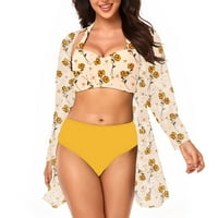 Kupaći kostimi za žene, ženska bikinija cvjetna seksi bluza za plivanje za brzo sušenje tri-komadno set Yellow XL