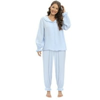 Xmarks Pijamas set s dugim rukavima ženskom rubnom rubnu dolje noćna odjeća Soft PJ Loungeweb Sets Blue