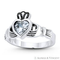 Irski oblozi Hands & Heart Charm CZ Crystal Love & Friendship Promice Ring u oksidiranom obliku. Srebrna