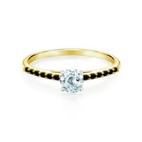 Gem Stone King 0. CT Sky Blue Aquamarine Black Diamond 10k žuti zlatni prsten sa bijelim zlatnim zupčanjima