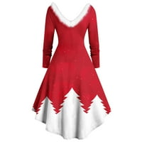 Naughtyhood božićne haljine za žene, žene s dugim rukavima Božićni otisak krznenog V-izreza povlači se ljuljačka zabava crvena s