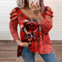 Ženska ruža Print majica za odrasle Ležerne prilike dugih rezanog rukava sa zatvaračem V-izrez