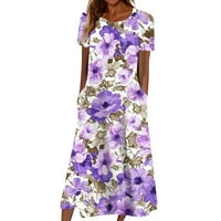 Clearsance Ljetne haljine za žene kratki rukav Ležerni cvjetni a-linijski okrugli dekolte, ljubičasta