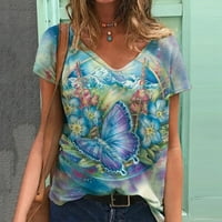Majice u Inleife za žensko odobrenje moda Žene V-izrez kratkih rukava bluza majica Ljetni ispis labavi