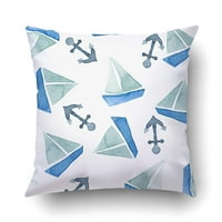 Izolirani akvarel plavi brod i sidro jedrenje Nautički jastuk pokriva jastučnice