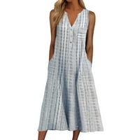 Haljine za žene Ljeto Stripe bez rukava na dugme V izrez Džep za izrez Elegatn dugačka haljina za odmor