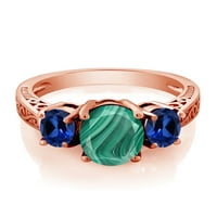 Gem Stone King 3. CT Green Malachite Blue Created Sapphire 18K ruža pozlaćeni srebrni prsten