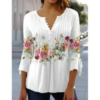 Ženski vrhovi Ljetni casual s kratkih rukava V-izrez labavi cvjetni bluza majice bijeli l
