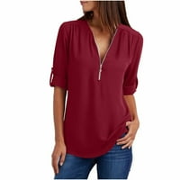 Floleo ženske vrhove košulje dugih rukava ljeto zip casual tunika V-izrez bluza za bluzu za vrat padaju