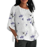 HHEI_K T majice za žene Ljeto pamučno posteljina labava fit bluza s rukavima retro tiskana majica