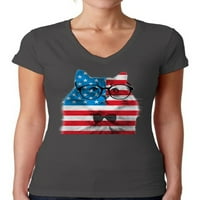 Newkward Styles ženska američka zastava mačka V-izrez majica USA zastava Cat Cat Neovisnost 4. dan jula