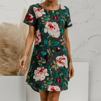 Vinska ženska pamučna i posteljina cvijeća za cvijeće O-izrez mini haljina kratkih rukava