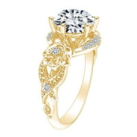 2. Carat okrugli oblik Moissine & Prirodni dijamantni prsten za cvijeće 14K Čvrsto žuto zlatno prsten