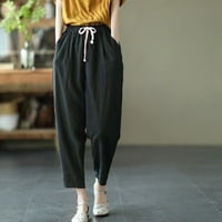Ženske pamučne posteljine pantalone casual solidne boje izvlačenja labave hlače ravno široke pantalone