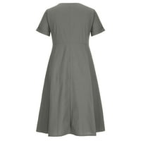 Jesenske haljine za žene modne pamučne posteljine čvrstog gumba u boji prema dolje V rect kratka rukava