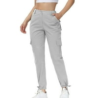 Ženske ravne pantalone s tankim nogama duge teretne ljetne hlače Čvrste boje elastične hlače sa visokim strukom s džepovima sive m