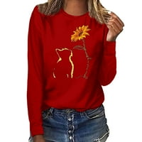 Olyvenn Womens plus labava casua mačka s cvjetnim printom Print s dugih rukava posada s dukserom za vrat pulover na vrhu bluza ženska odjeća za bluzu ženski pogled na red