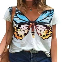 Nizine žene leptir tiska na vrhu kratkih rukava V izrez TUNIC Bluza Dame Leisure Labava majica