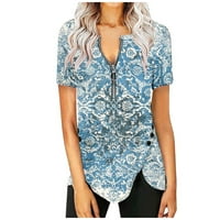 Ženski ljetni vrhovi bluza Grafički otisci kratkih rukava Ležerne prilike, majice V-izrez svijetlo plava