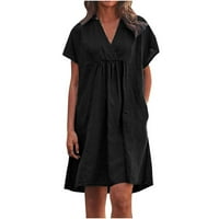 Clearsance Ljetne haljine za žene Čvrsti V-izrez A-Line Casual Haljina s kratkim rukavima Black XL