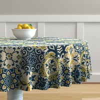 Pamuk Satens Stolcloth, 90 Round - žute pločice Limune Cheater Quilt Italijan mediteranski azulejos