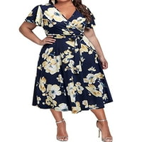 Ženski ljetni cvjetni print plaže u stilu čipke kratkih rukava V-izrez Losel Plus veličina haljina